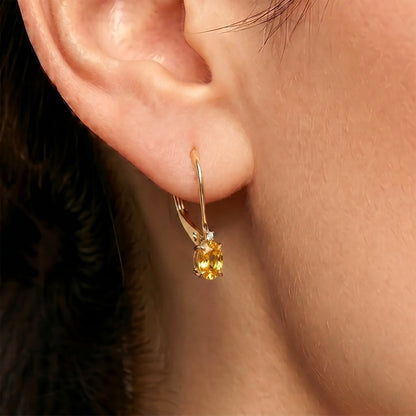 14K Yellow Gold Leverback Yellow Sapphire 6x4mm Earrings with Diamonds