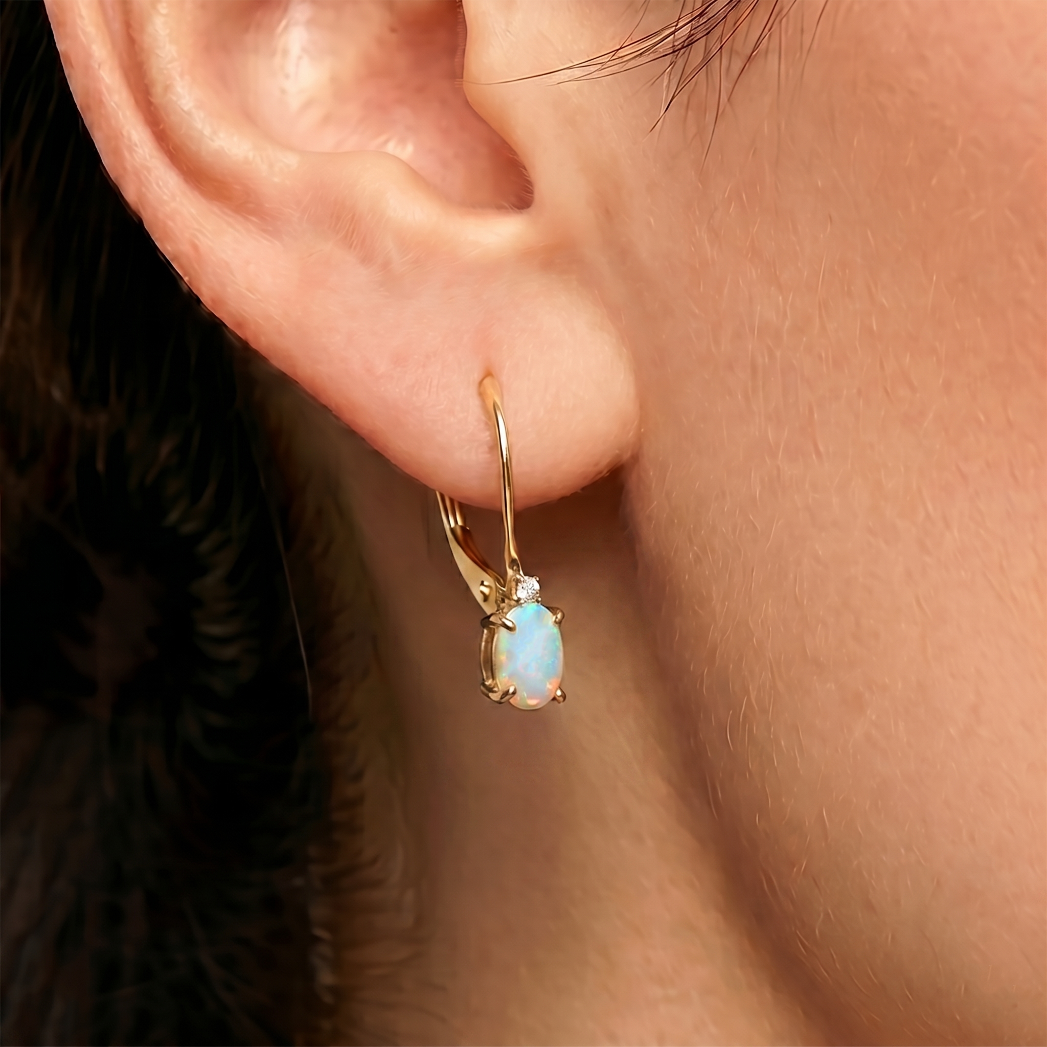 14K Yellow Gold Opal 6x4mm Leverback Earrings with Diamonds