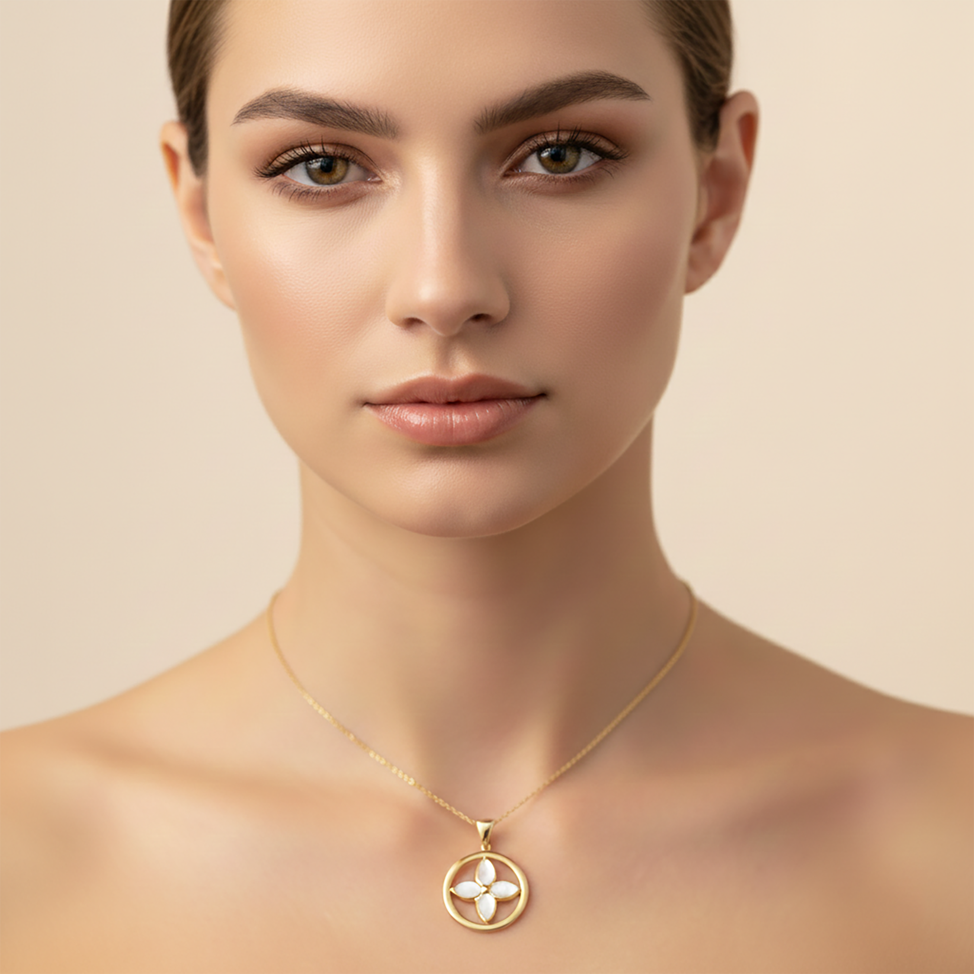 10K Yellow Gold Mother of Pearl Floral Pendant Necklace, Elegant Everyday Jewelry