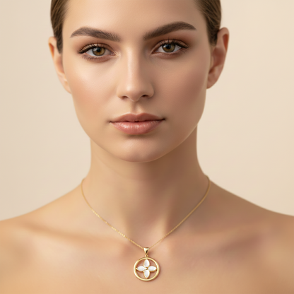 10K Yellow Gold Mother of Pearl Floral Pendant Necklace, Elegant Everyday Jewelry