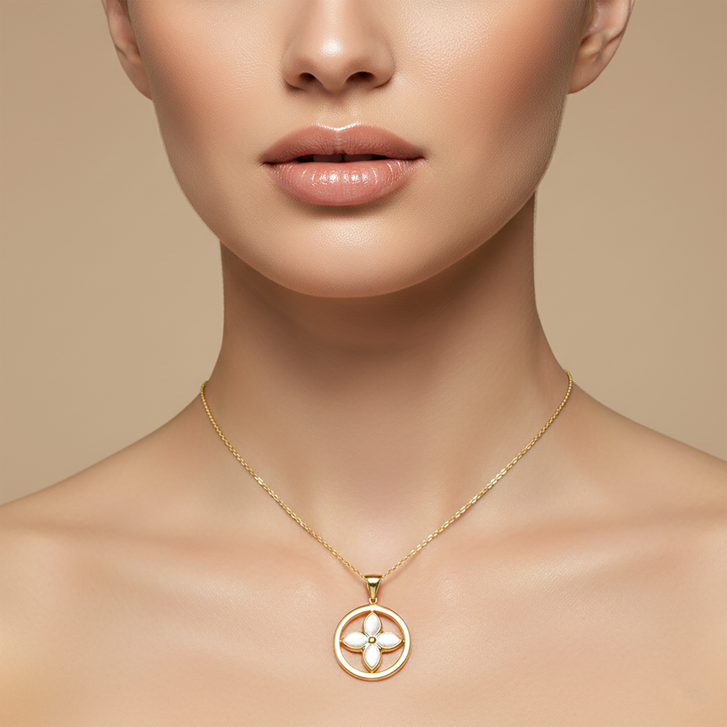 10K Yellow Gold Mother of Pearl Floral Pendant Necklace, Elegant Everyday Jewelry