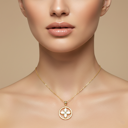 10K Yellow Gold Mother of Pearl Floral Pendant Necklace, Elegant Everyday Jewelry