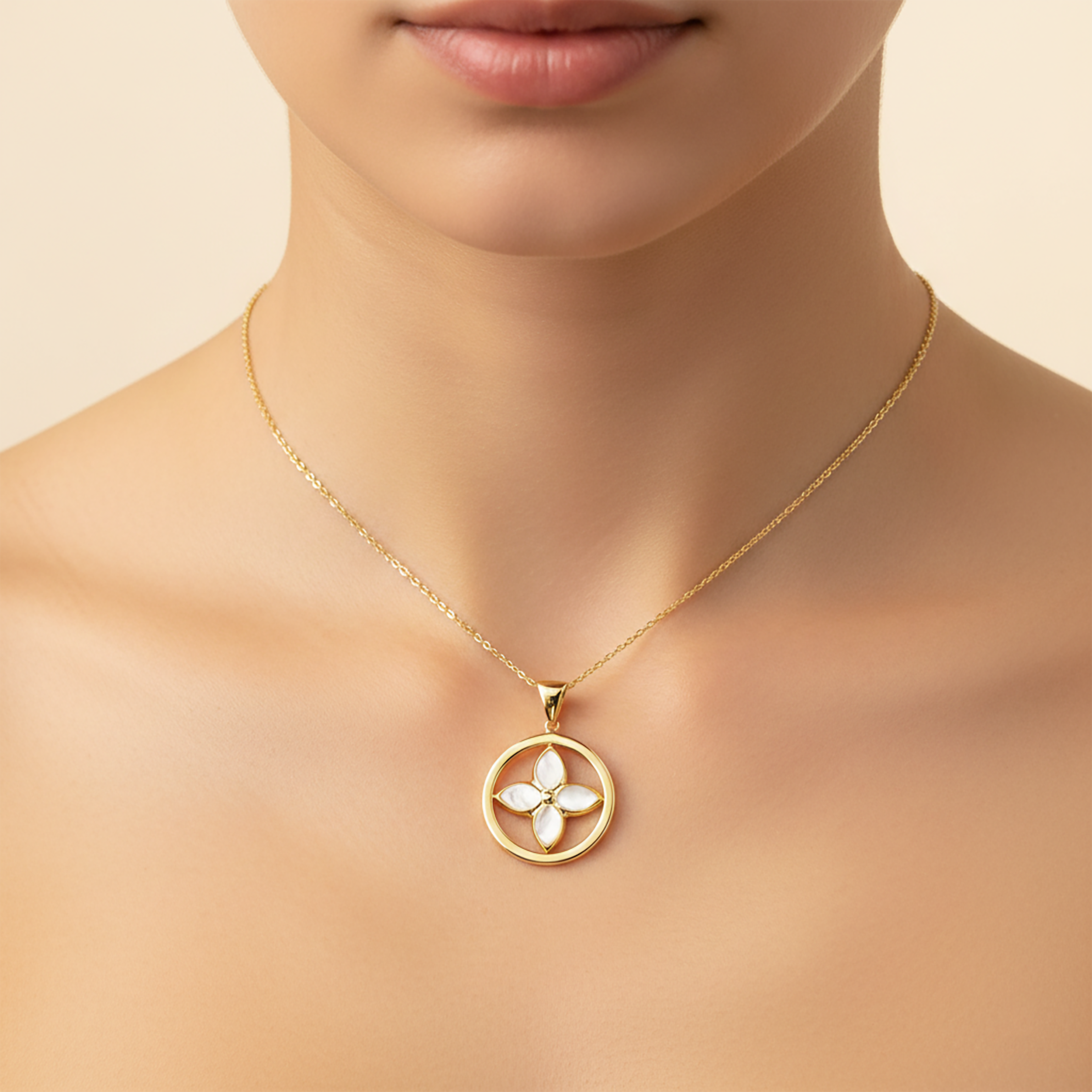 10K Yellow Gold Mother of Pearl Floral Pendant Necklace, Elegant Everyday Jewelry