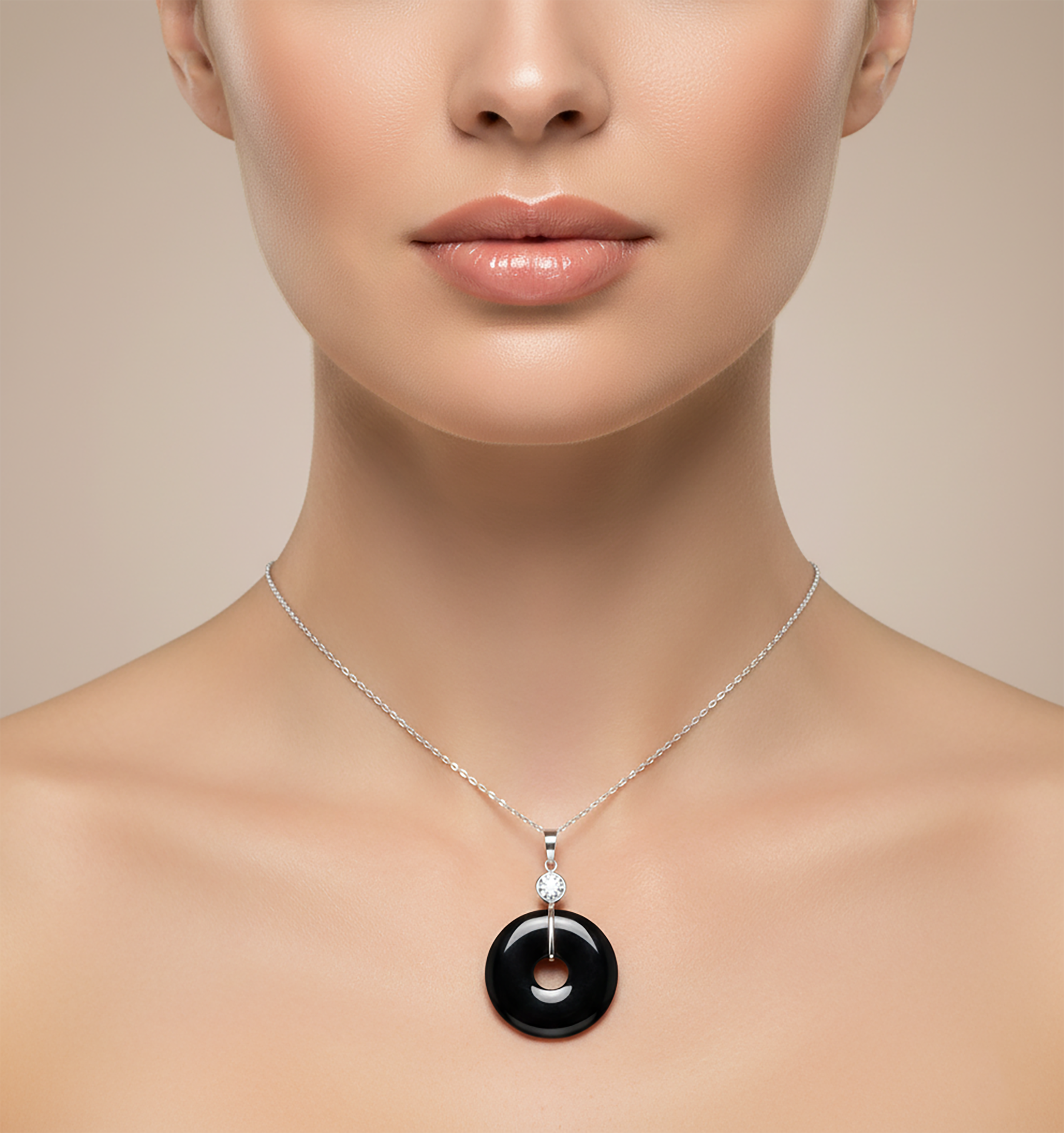 14K White Gold Black Onyx Pendant, Genuine White Topaz