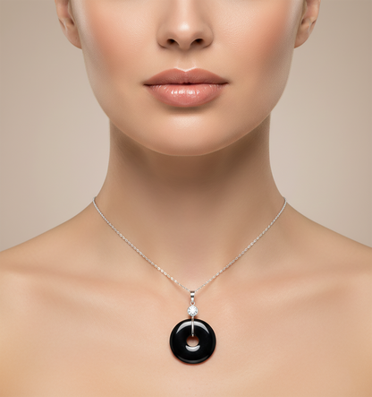 14K White Gold Black Onyx Pendant, Genuine White Topaz