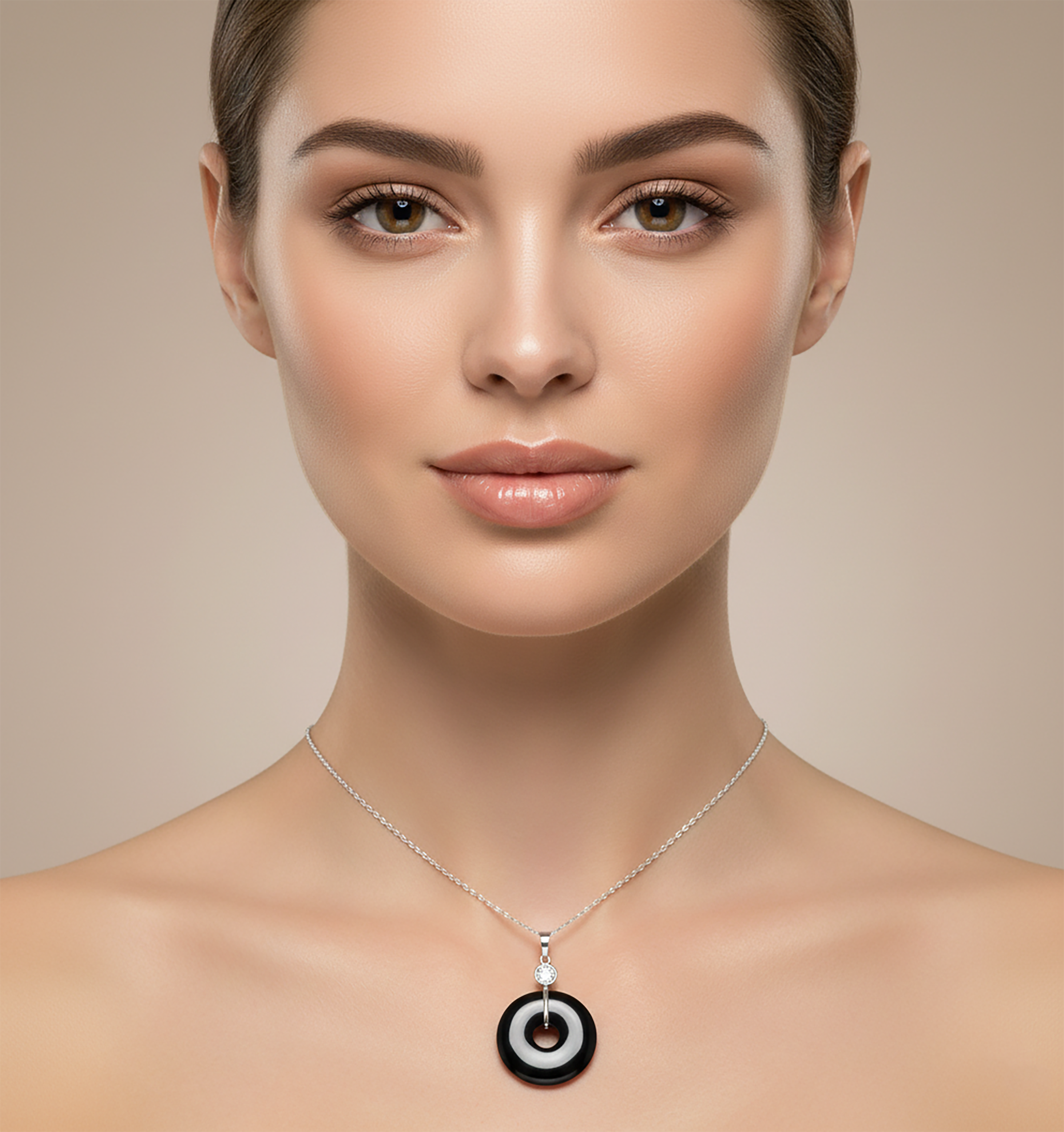 14K White Gold Black Onyx Pendant, Genuine White Topaz