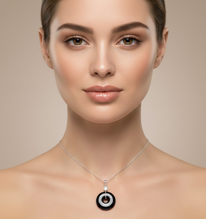 14K White Gold Black Onyx Pendant, Genuine White Topaz
