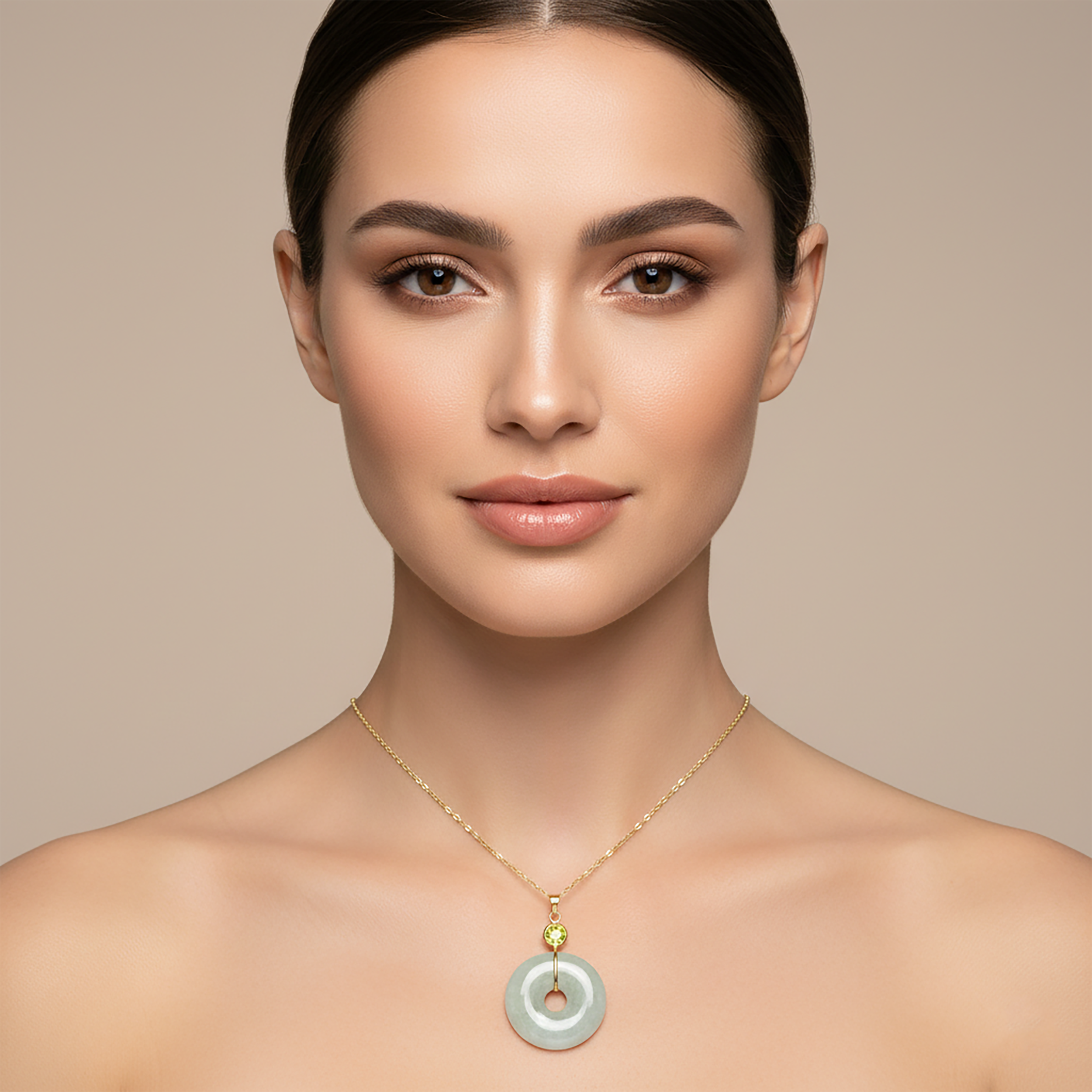 14K Yellow Gold Jade Disc Pendant with Genuine Gemstone, Special Occasion Gift