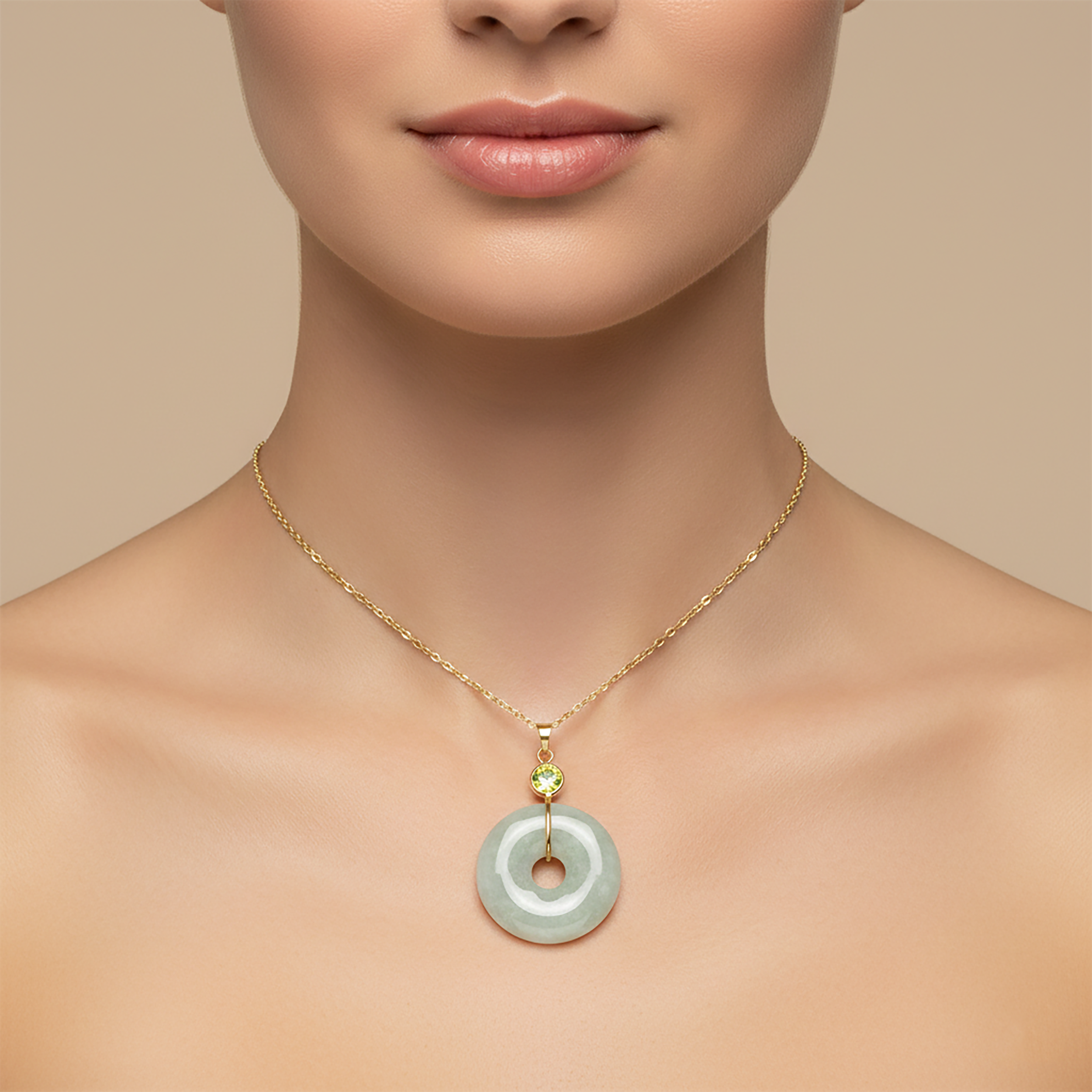 14K Yellow Gold Jade Disc Pendant with Genuine Gemstone, Special Occasion Gift