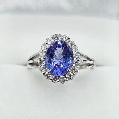 14K White Gold Tanzanite Diamond Ring, Natural Tanzanite Ring, Diamond Halo Ring, December Birthstone Ring, Oval Tanzanite Engagement Ring