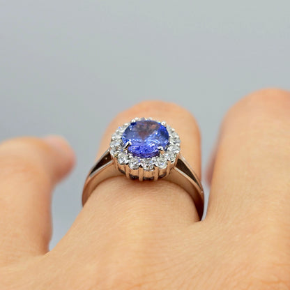 14K White Gold Tanzanite Diamond Ring, Natural Tanzanite Ring, Diamond Halo Ring, December Birthstone Ring, Oval Tanzanite Engagement Ring