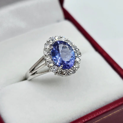 14K White Gold Tanzanite Diamond Ring, Natural Tanzanite Ring, Diamond Halo Ring, December Birthstone Ring, Oval Tanzanite Engagement Ring