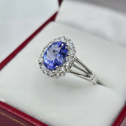 14K White Gold Tanzanite Diamond Ring, Natural Tanzanite Ring, Diamond Halo Ring, December Birthstone Ring, Oval Tanzanite Engagement Ring