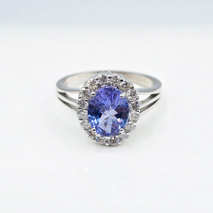 14K White Gold Tanzanite Diamond Ring, Natural Tanzanite Ring, Diamond Halo Ring, December Birthstone Ring, Oval Tanzanite Engagement Ring