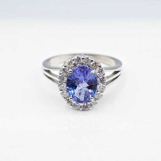 14K White Gold Tanzanite Diamond Ring, Natural Tanzanite Ring, Diamond Halo Ring, December Birthstone Ring, Oval Tanzanite Engagement Ring