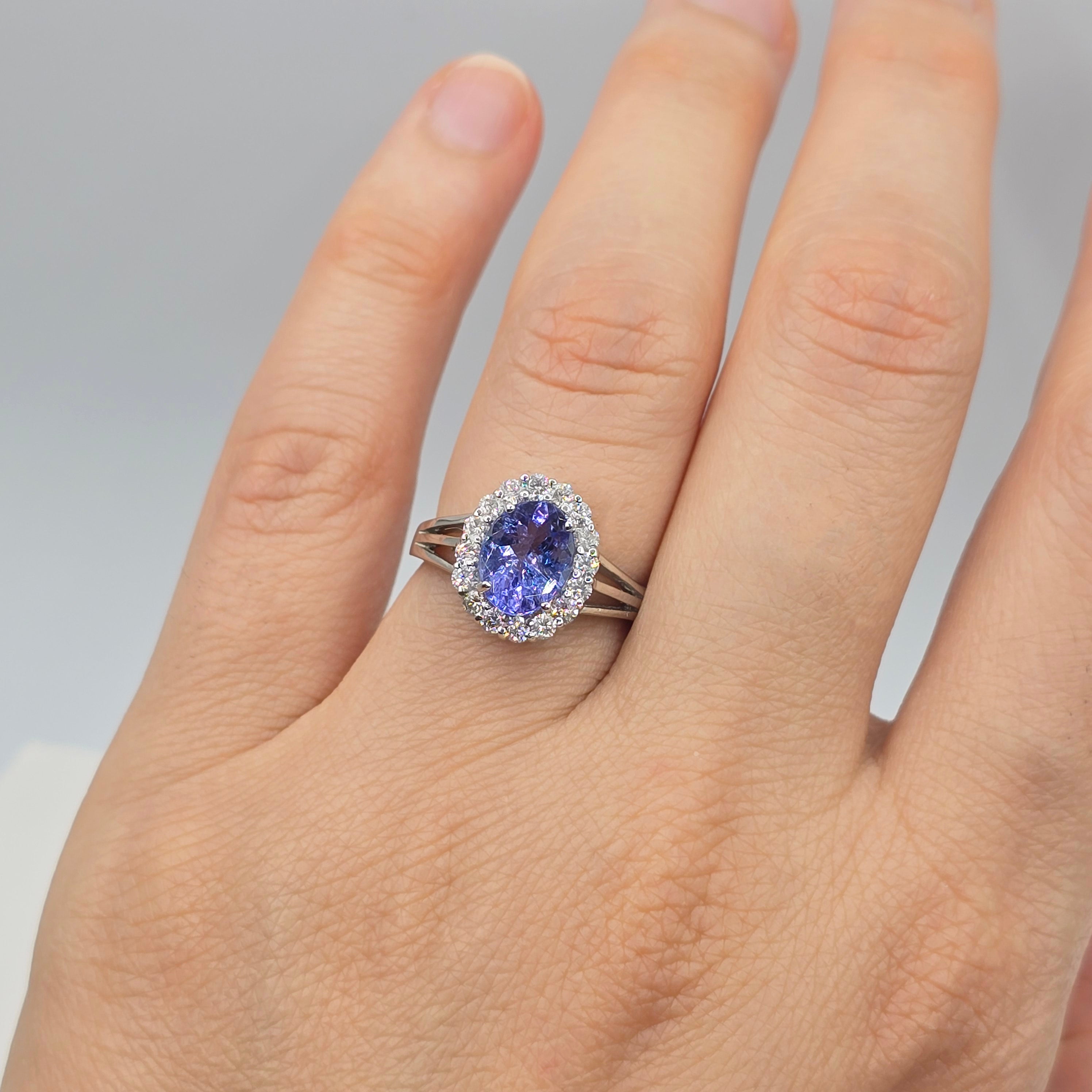 14K White Gold Tanzanite Diamond Ring, Natural Tanzanite Ring, Diamond Halo Ring, December Birthstone Ring, Oval Tanzanite Engagement Ring