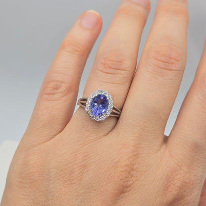 14K White Gold Tanzanite Diamond Ring, Natural Tanzanite Ring, Diamond Halo Ring, December Birthstone Ring, Oval Tanzanite Engagement Ring
