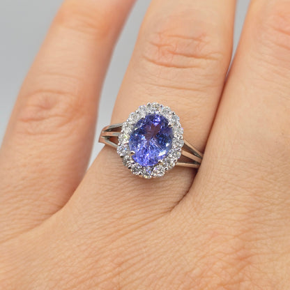 14K White Gold Tanzanite Diamond Ring, Natural Tanzanite Ring, Diamond Halo Ring, December Birthstone Ring, Oval Tanzanite Engagement Ring