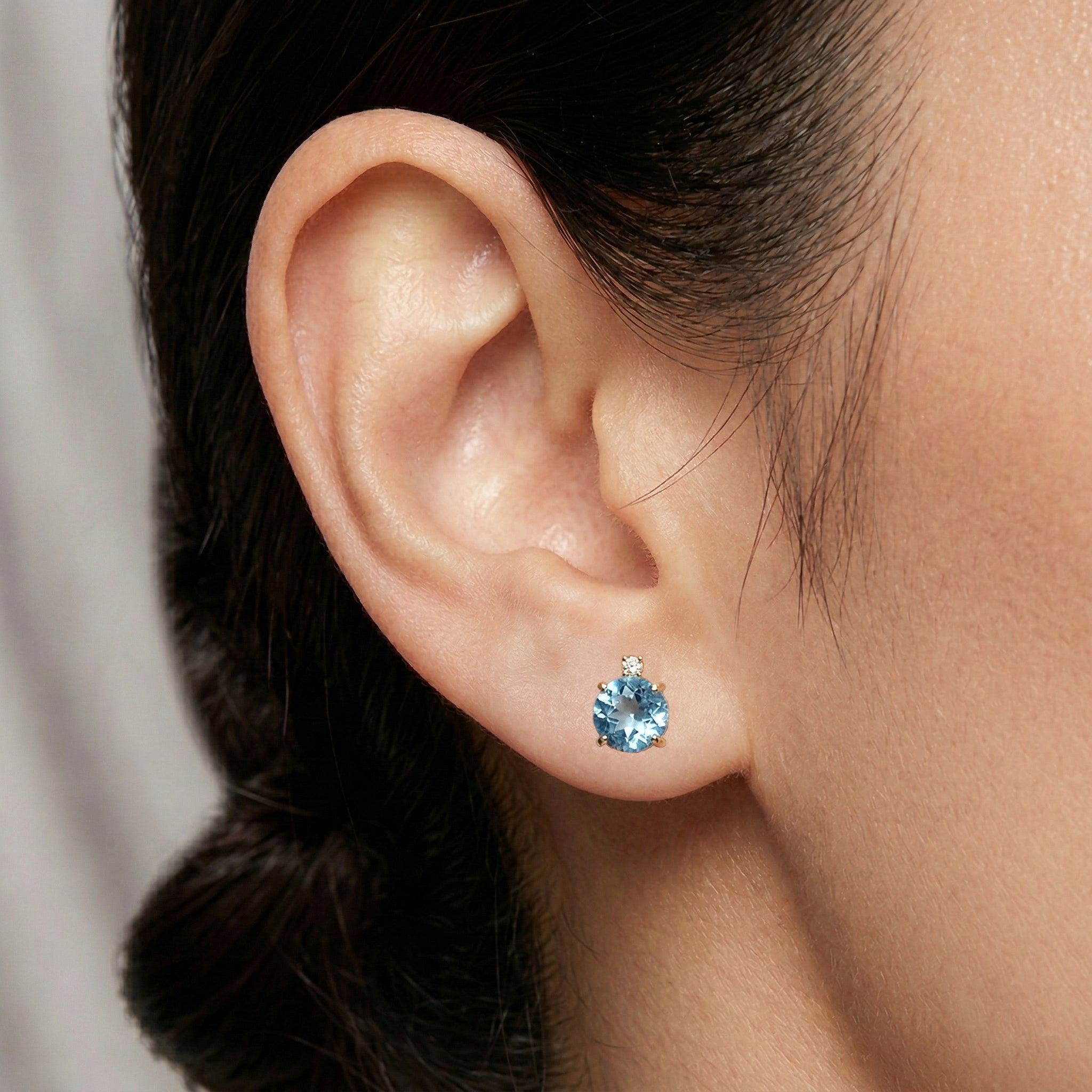 10K Yellow Gold Blue Topaz Earrings | Diamond Studs, Canadian Made, 5x5mm Birthstone Charm