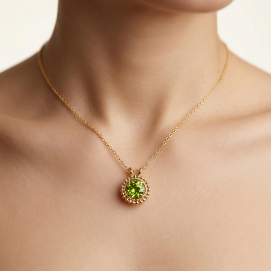 10K Gold Peridot Pendant | Milgrain Necklace, August Birthstone