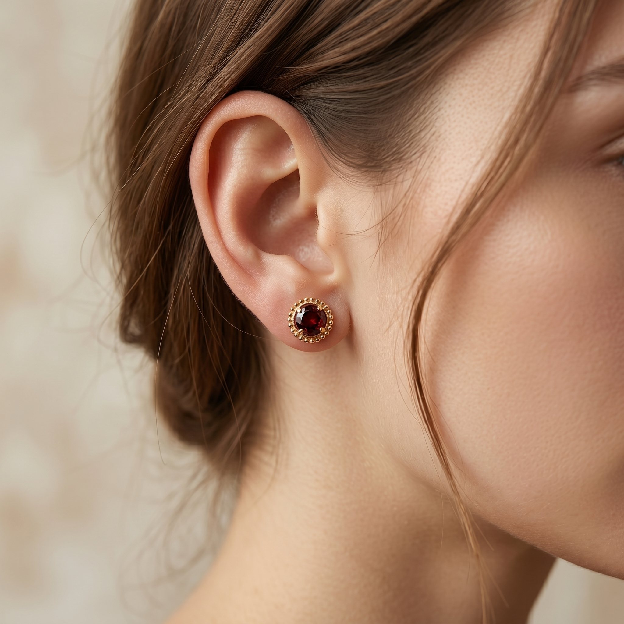 10K Yellow Gold Garnet Stud Earrings, Milgrain 6x6mm Genuine Birthstone Jewelry