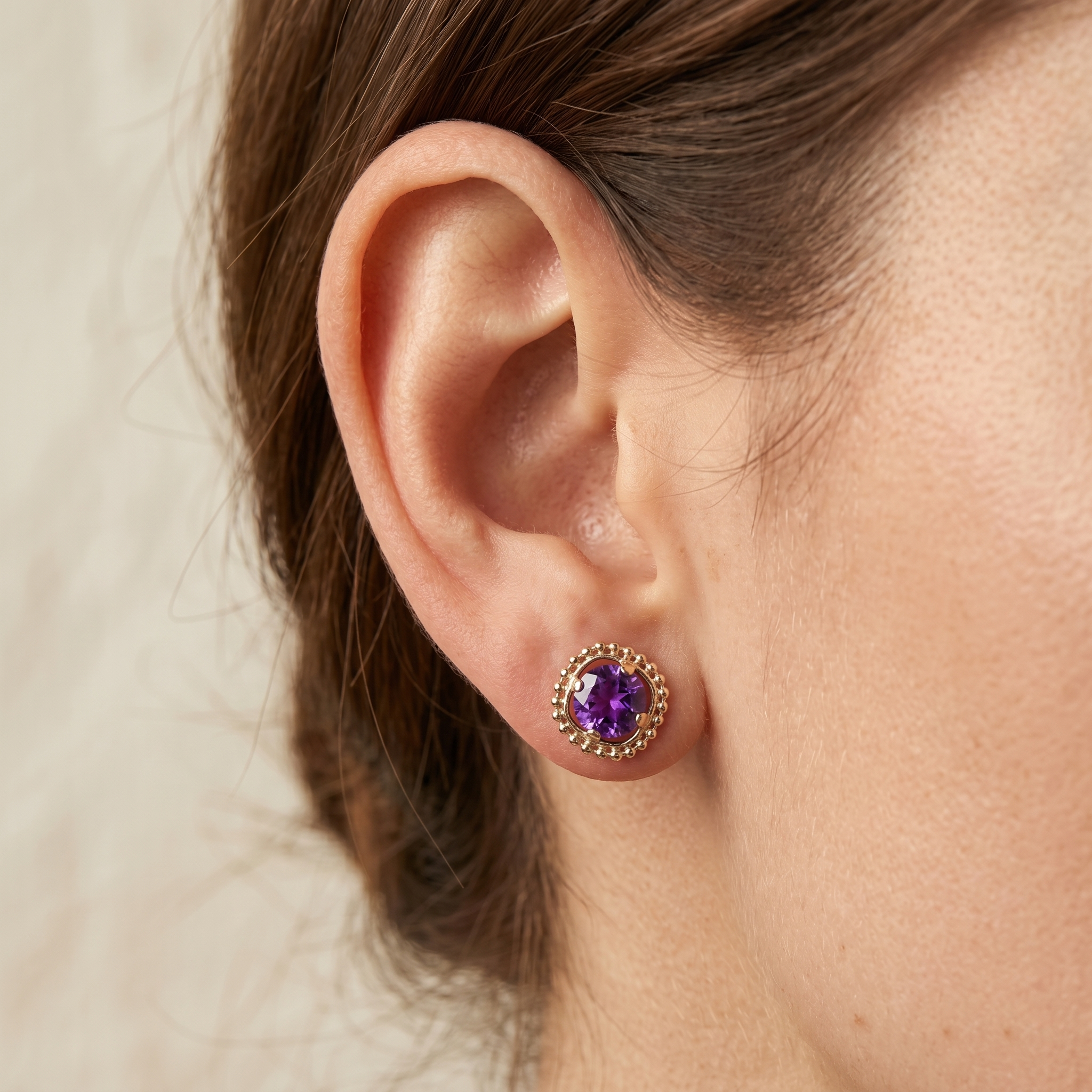 10K Yellow Gold Amethyst Stud Earrings, Milgrain Design, February Birthstone Amethyst