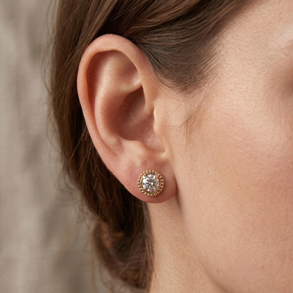 10k Yellow Gold Aquamarine Stud Earrings, Milgrain March Birthstone