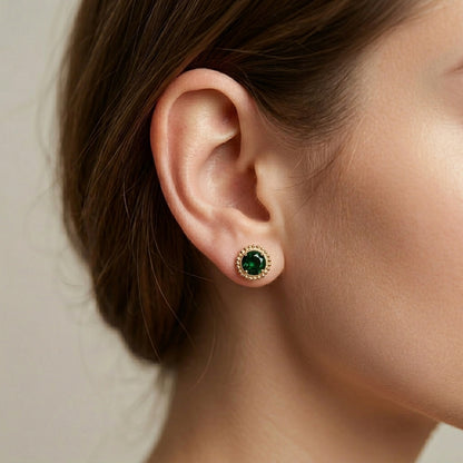 10K Yellow Gold Green Diopside Stud Earrings, Milgrain Gemstone 6x6mm Jewelry