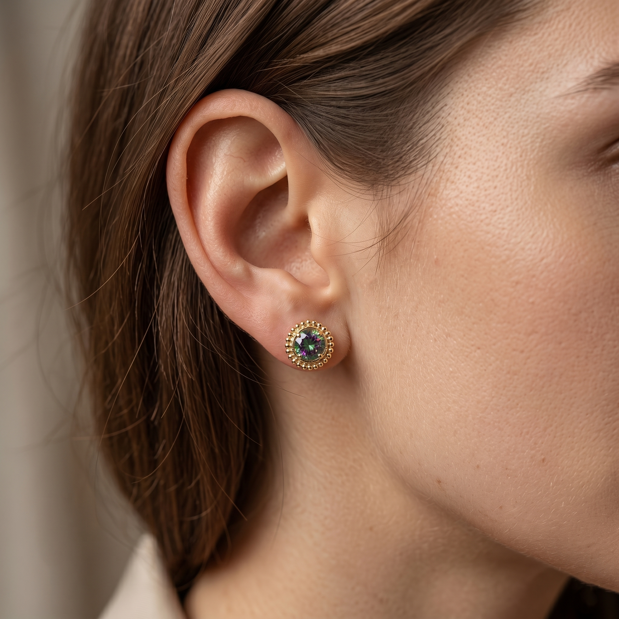 10K Yellow Gold Mystic Topaz Stud Earrings, Milgrain Design