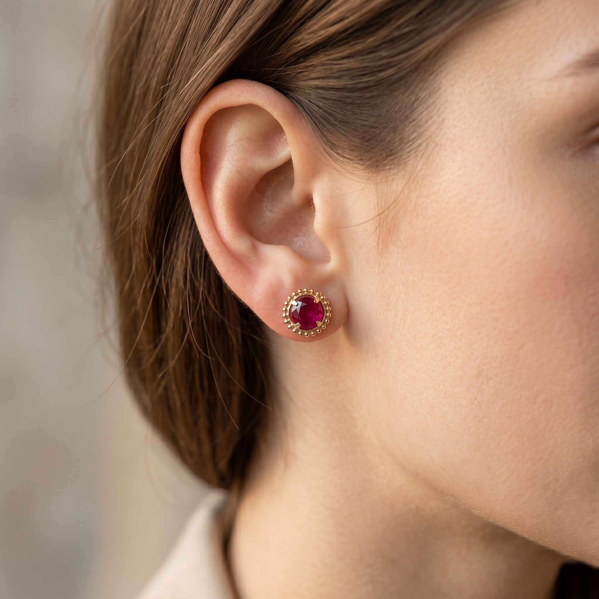 10K Yellow Gold Ruby 6x6mm Stud Earrings: Milgrain July Birthstone