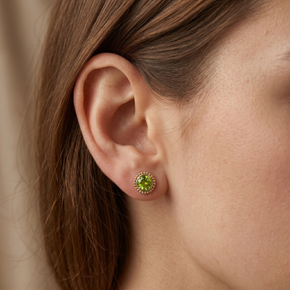 10K Yellow Gold Peridot Stud Earrings, Milgrain Design