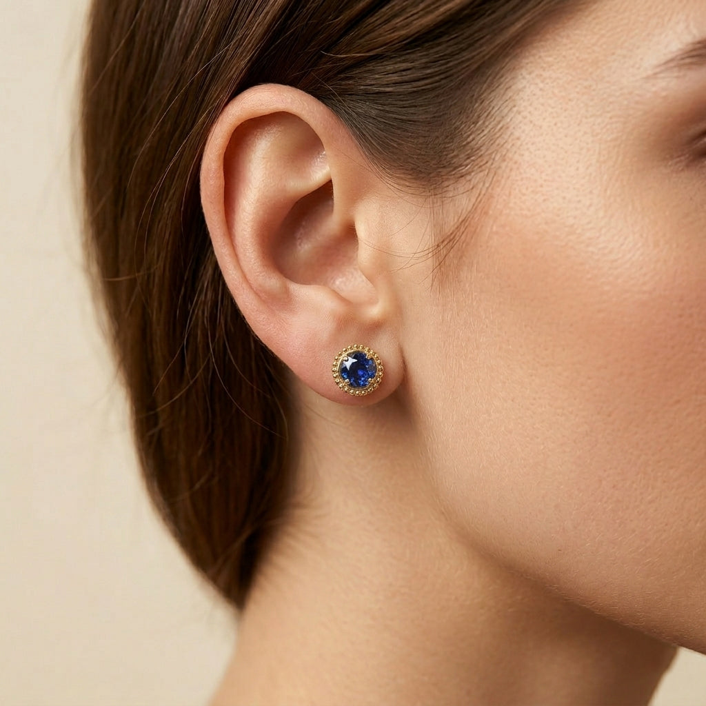 10K Gold Blue Sapphire Stud Earrings, Milgrain Design