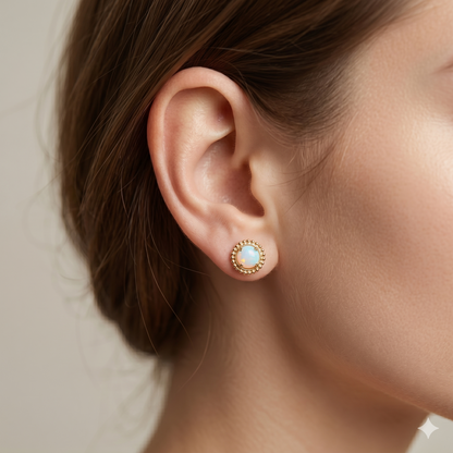 10K Yellow Gold Opal Stud Earrings, Milgrain Design, October Birthstone, 6x6mm Genuine Gemstone