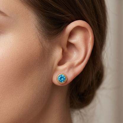 10K Gold Blue Topaz Stud Earrings, Milgrain Design, December Birthstone