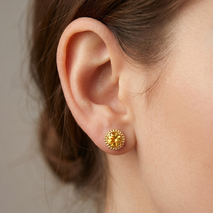 10K Gold Citrine Stud Earrings, Milgrain Design, November Birthstone