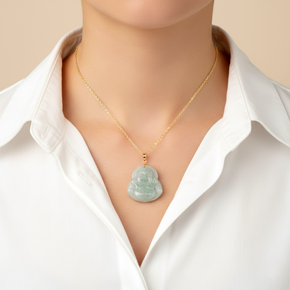 14K Gold Green Jade Buddha Pendant Necklace, Handcrafted