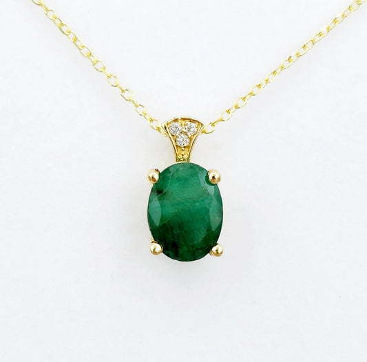 14K Yellow Gold Natural Emerald (4ct) with Diamonds (0.03ct) Pendant