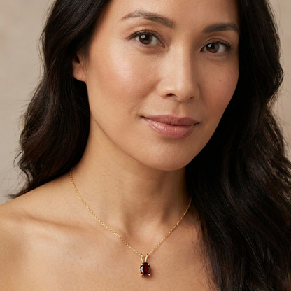 10K Yellow Gold Garnet Pendant Necklace, January Birthstone 8x6mm, Genuine Gemstone Jewelry