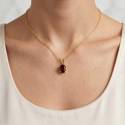 10K Yellow Gold Garnet Pendant Necklace, January Birthstone 8x6mm, Genuine Gemstone Jewelry