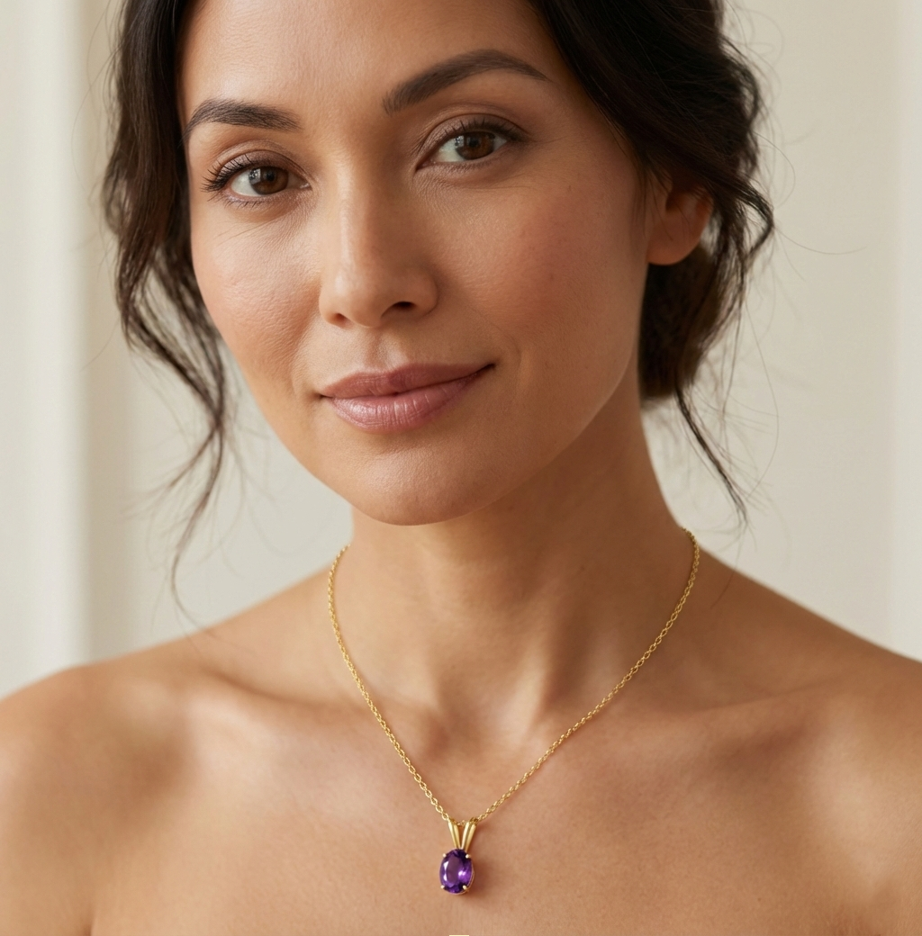 10K Yellow Gold Amethyst Pendant Necklace, February Birthstone 8x6mm, Genuine Gemstone Jewelry