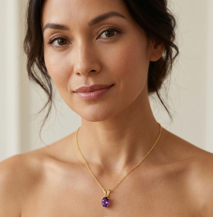 10K Yellow Gold Amethyst Pendant Necklace, February Birthstone 8x6mm, Genuine Gemstone Jewelry