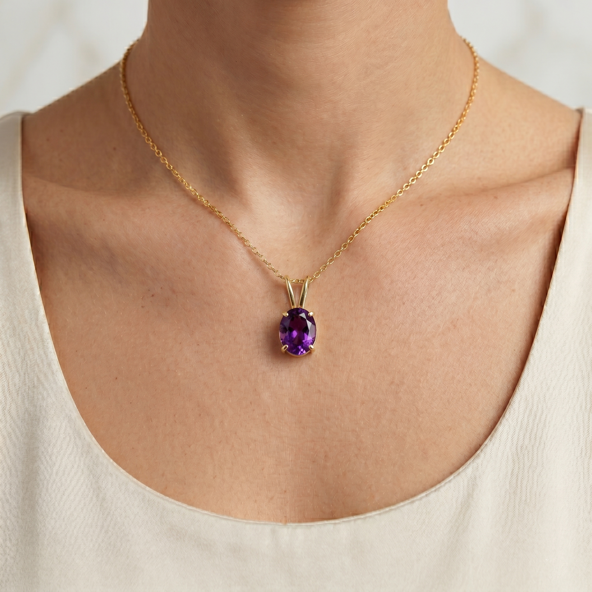 10K Yellow Gold Amethyst Pendant Necklace, February Birthstone 8x6mm, Genuine Gemstone Jewelry