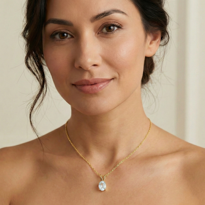 10K Yellow Gold Aquamarine Pendant Necklace, March Birthstone 8x6mm