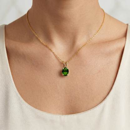 10K Yellow Gold Chrome Diopside Pendant Necklace, Green Gemstone 8x6mm