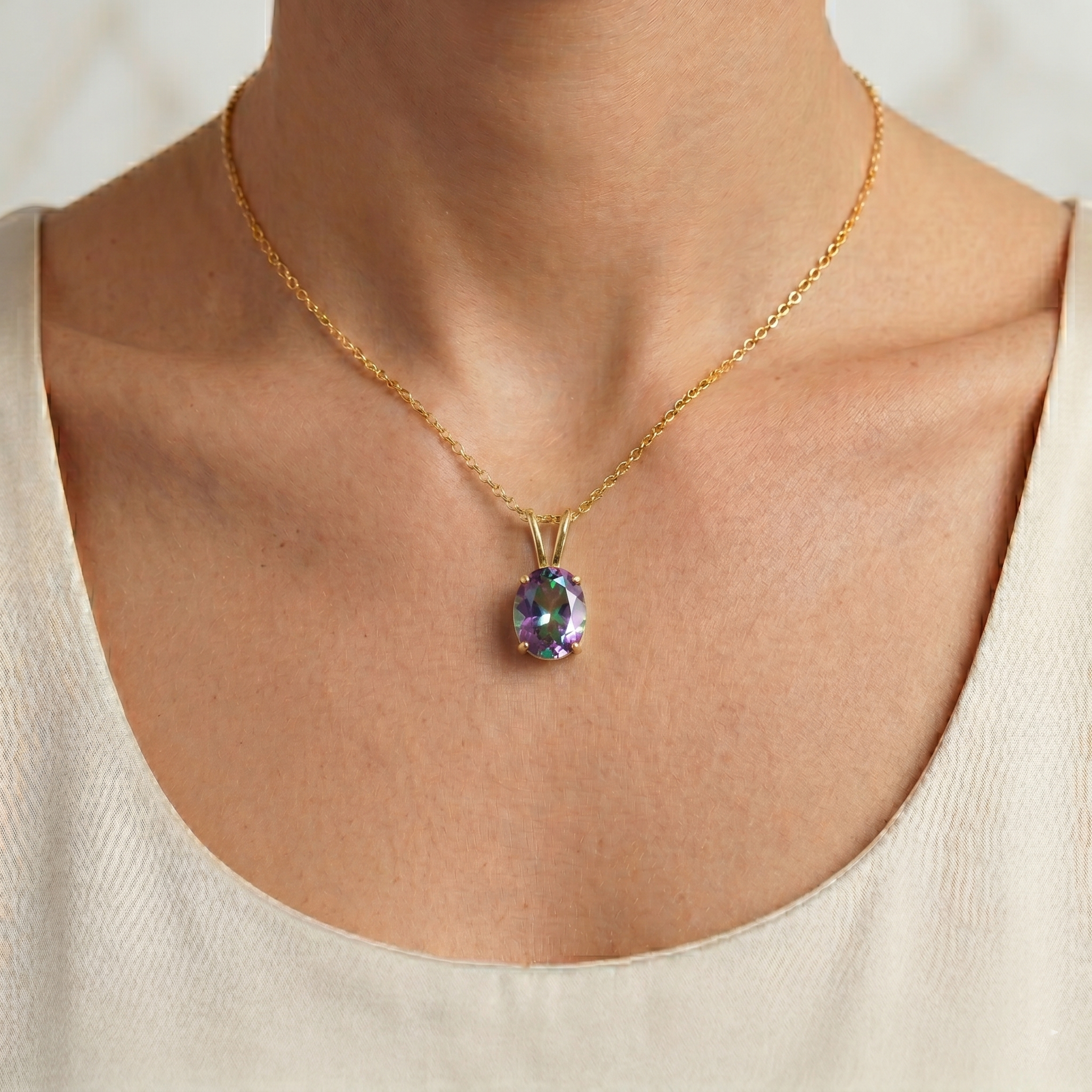 10K Yellow Gold Mystic Topaz Pendant Necklace, Handmade in Canada, 8x6mm Genuine Gemstone Pendant