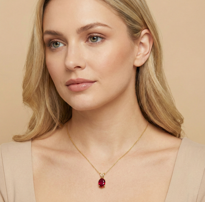 10K Yellow Gold Ruby Pendant Necklace, 8x6mm Oval Birthstone