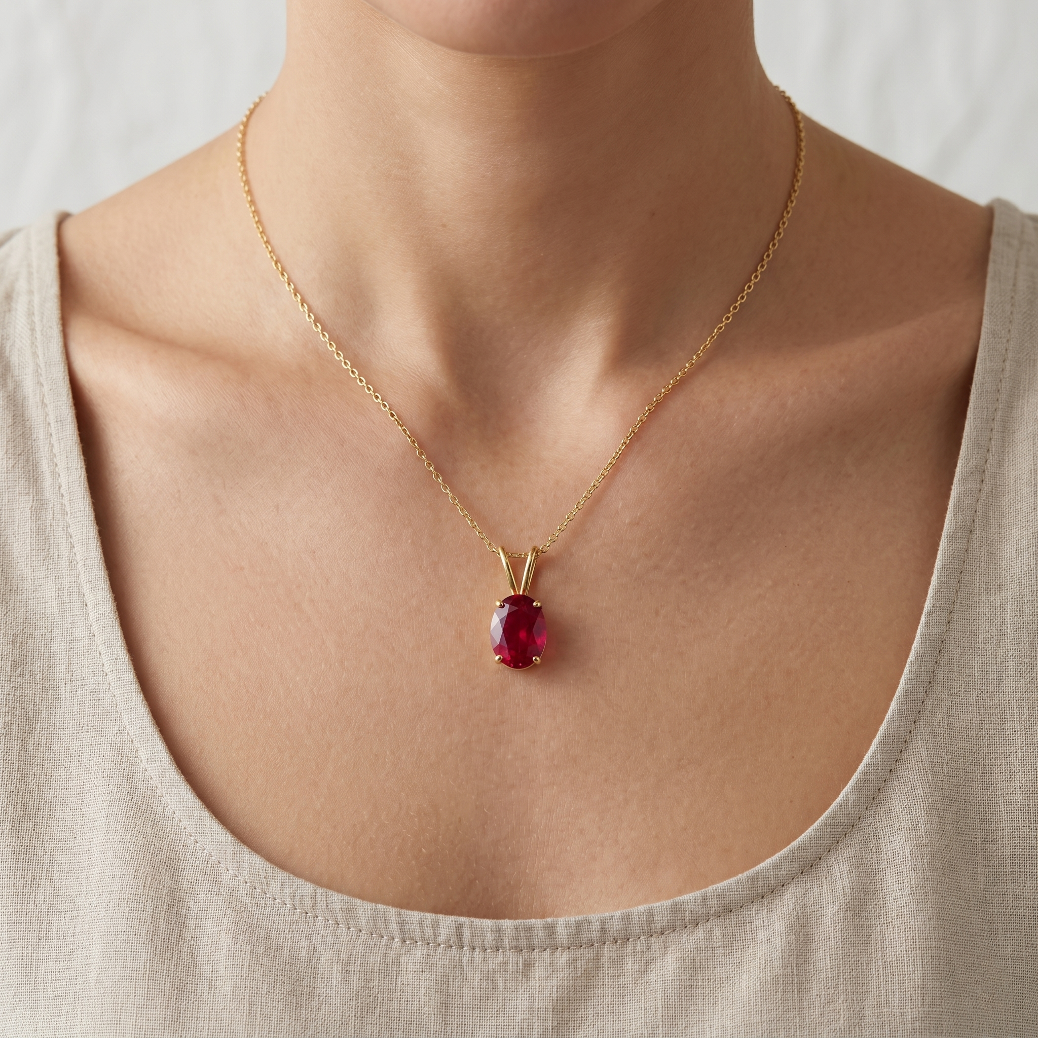 10K Yellow Gold Ruby Pendant Necklace, 8x6mm Oval Birthstone