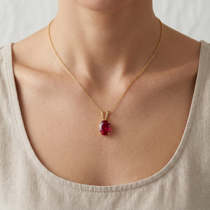 10K Yellow Gold Ruby Pendant Necklace, 8x6mm Oval Birthstone