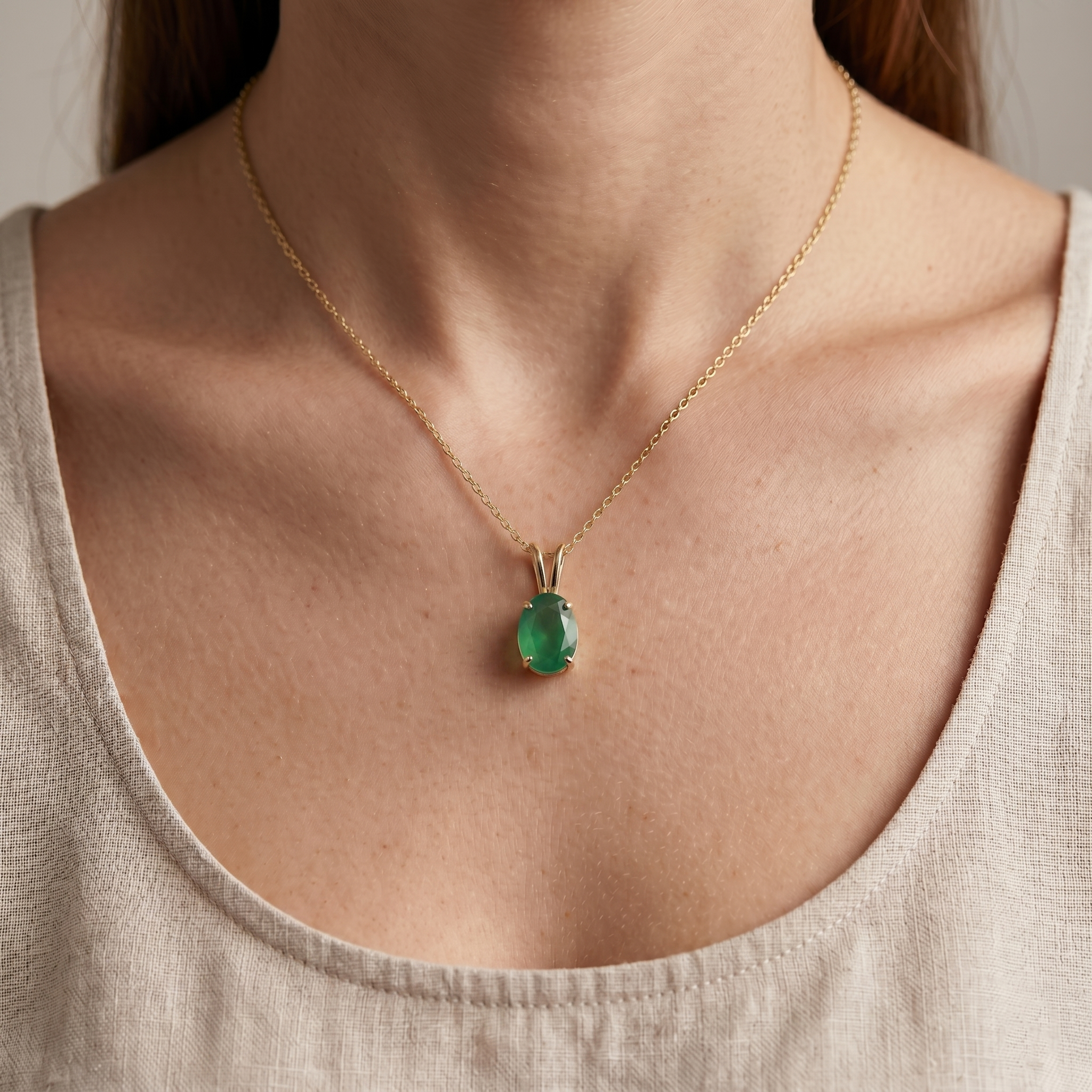 10K Yellow Gold Green Onyx 8x6mm Pendant Necklace, Gift For Her