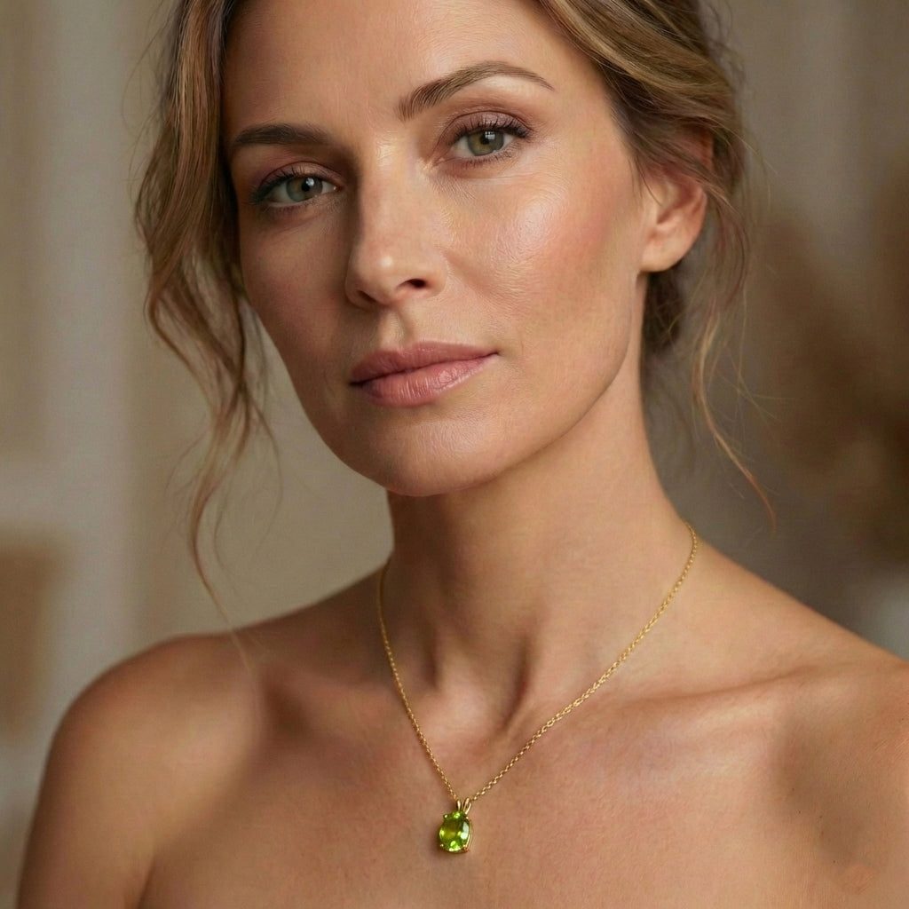 10K Yellow Gold Peridot Pendant Necklace, August Birthstone 8x6mm